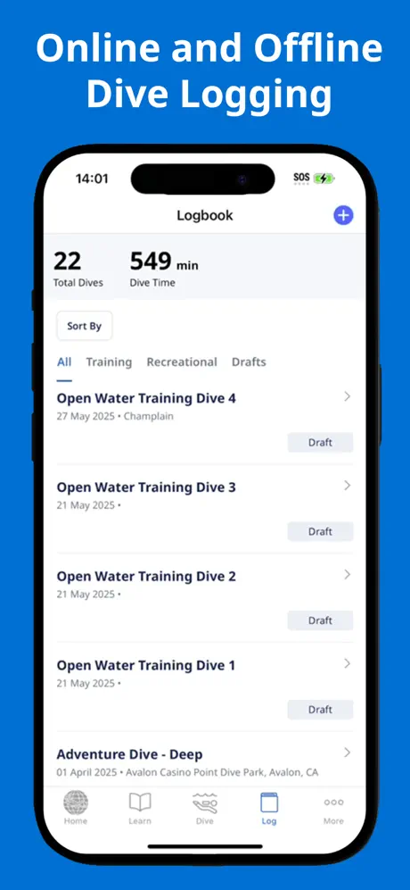 PADI app Logbook screen from the App Store